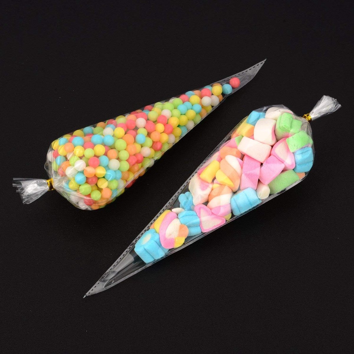 100 stuks kegelzakjes van cellofaan met gedraaide banden, transparant, driehoekige snoepzakjes, popcornzakjes voor snoep, koekjes, handgemaakt, feesten, Kerstmis, festivals, 18 x 30 cm