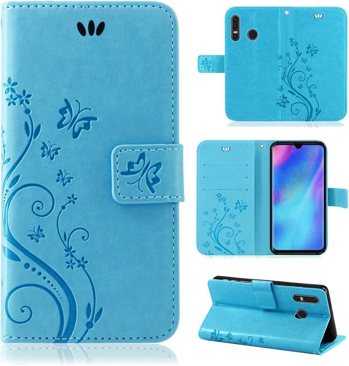 Betterfon | Huawei P30 Lite hoes mobiele telefoon hoes etui portefeuille case beschermhoes met magneetsluiting/kaartsleuven voor Huawei P30 Lite, Blume Blau