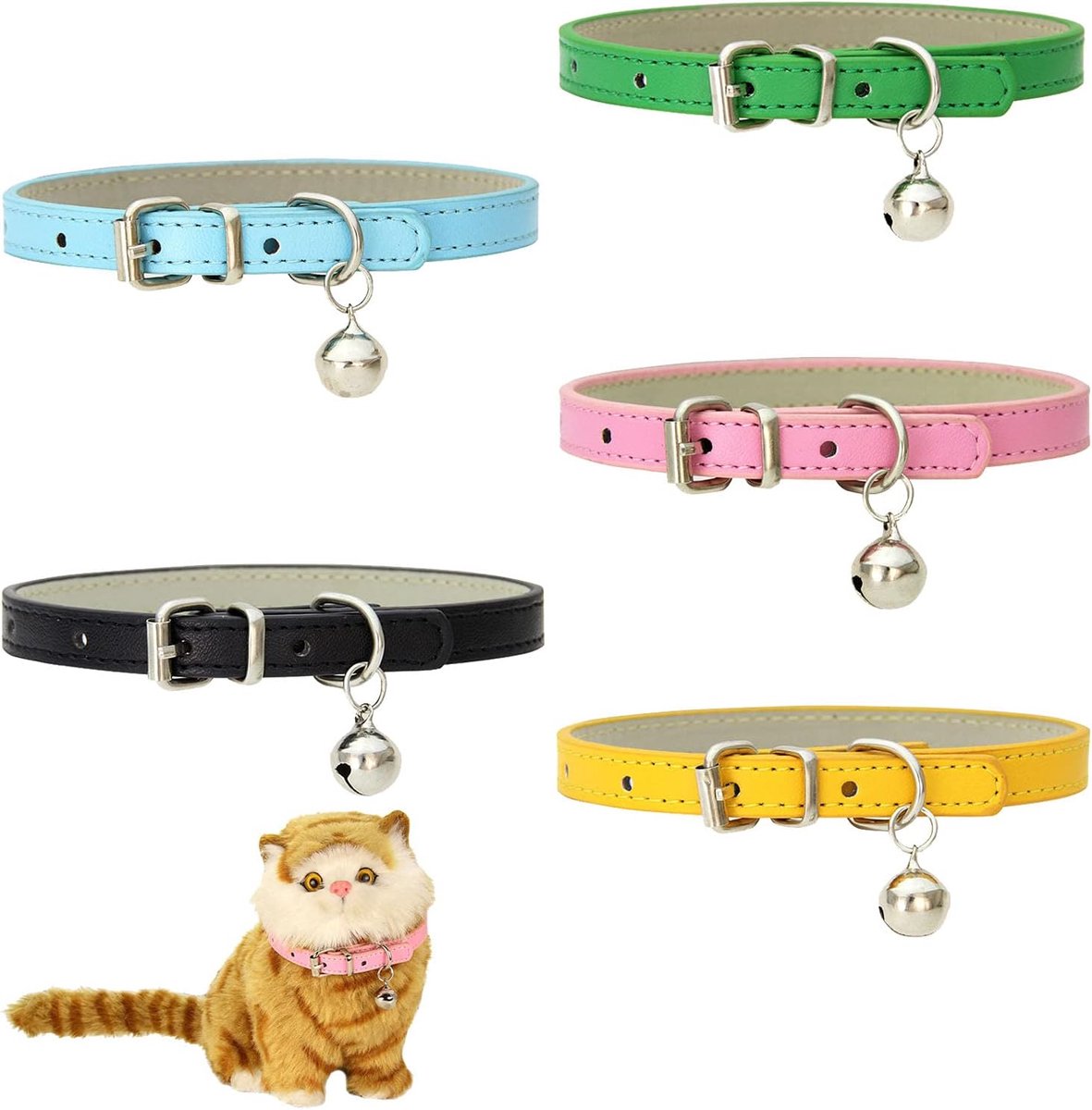 Halsbanden van leer, verstelbare kattenhalsband met belletjes en metalen gesp, huisdierhalsband voor puppy's, teddy, kittens