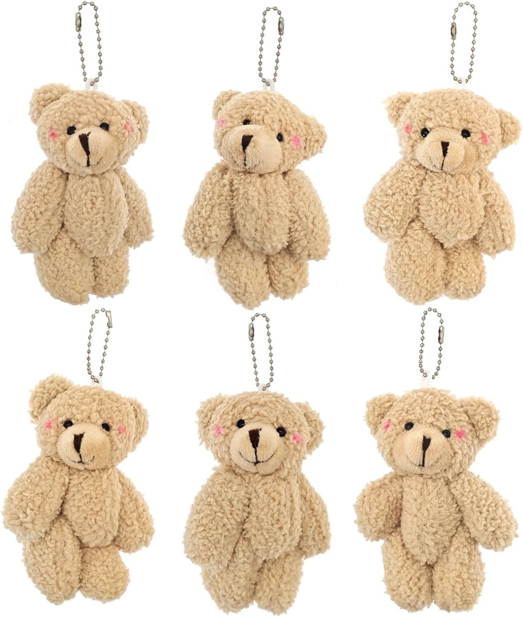 6x Zachte pluche kleine beer sleutelhangers voor rugzak, knuffeldieren sleutelhangers mini speelgoed voor feestgunsten voor kinderen en volwassenen, verjaardagsfeestje weggeefacties thankyou gift