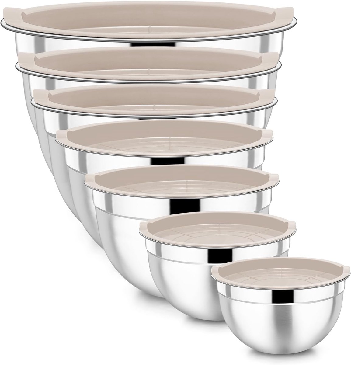 Mengkom, roestvrij stalen kom 7-delige set met luchtdicht deksel, stapelbare slakom voor koken, bakken, serveren, vaatwasmachinebestendig, 6,5/4,5/2,7/2,5/1,5/1,2/0,7 l, kaki