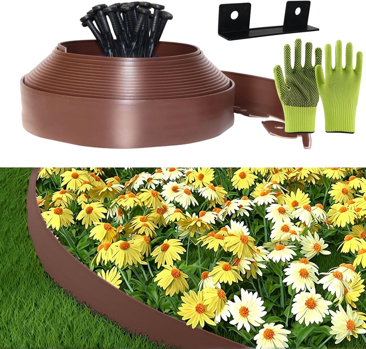Gazonrand van kunststof, tuinhek voor buiten, 5 cm x 10 m, inclusief 30 verankeringspunten en 1 connector, met een paar handschoenen, decoratieve omheining voor de tuin (bruin, 5 x 10 m)