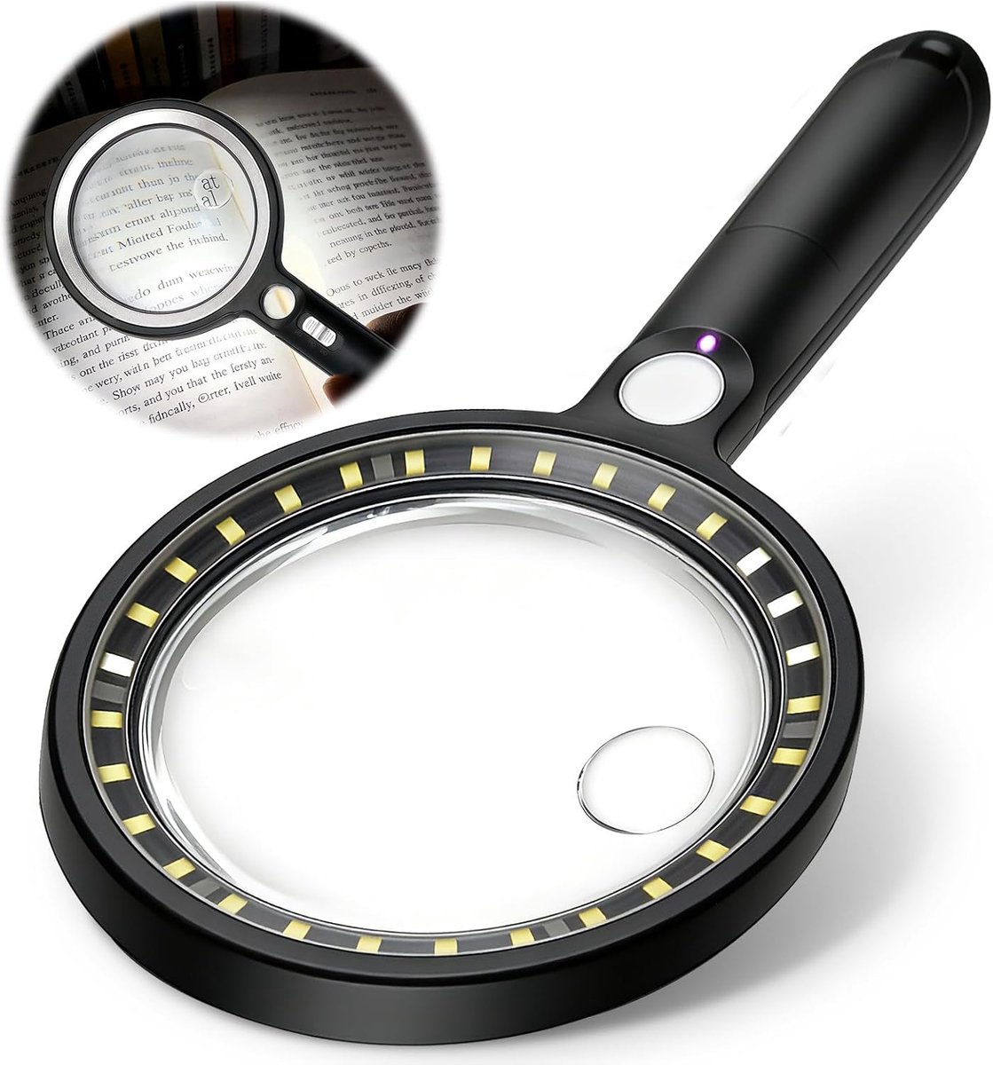 Vergrootglas met licht, 5x/13x/20x vergrootglas met licht, 30 leds + 1 uv-lamp, handloep voor senioren, leesloep met gelijkmatig licht, vergrootglas met standaard, zwart