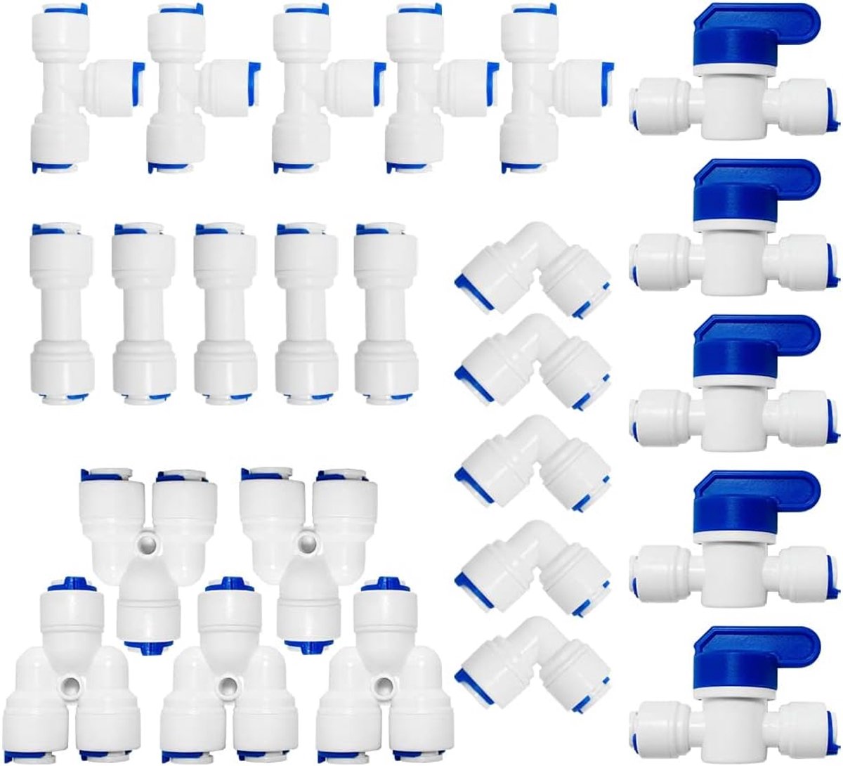 25 stuks waterfilterfitting, watertoevoerleiding, universele aansluitset, 1/4 inch slangaansluiting en inline afsluitventiel, voor koelkastslang, waterslang (D + I + + + Y type combo)