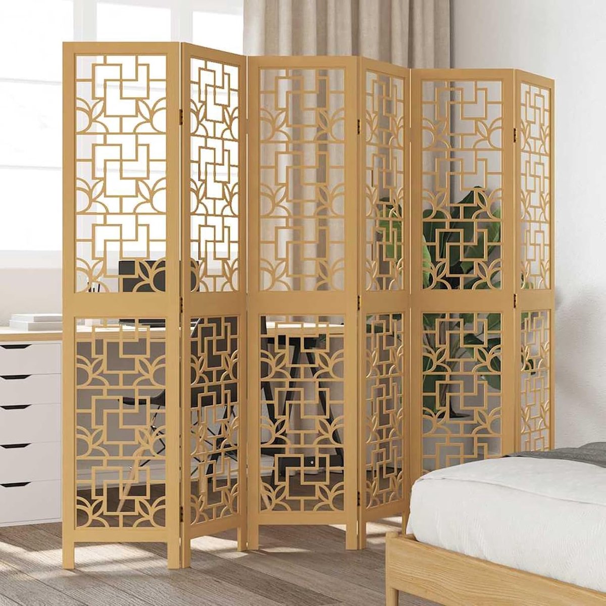 6-delige ruimteverdeler bruin massief hout paulownia | decoratief & privacy | 210-215 x 180 cm | woonkamer & kantoor 358874