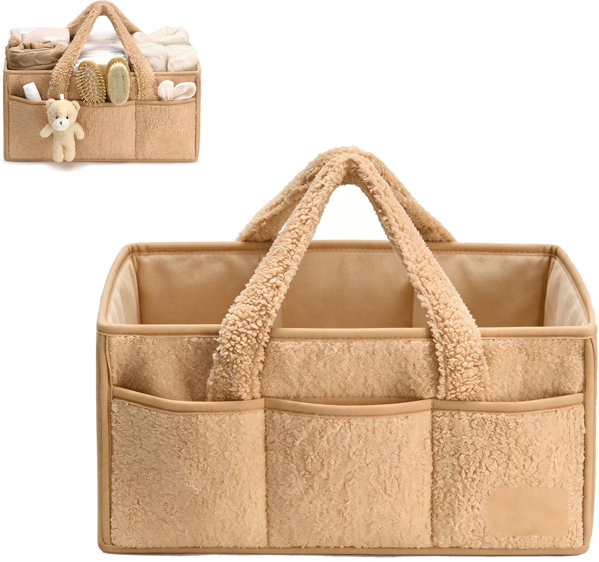 Luiermand - Babyopbergmand - Verzorgingsmand - Reismand - Zachte teddy stof comfortabele handvatten - Verstelbare binnenverdelers meerdere voorzakken - Teddy fleece - 38×25×18 cm - Geschikt voor babykamer kraamcadeau thuisopruiming - Bruin