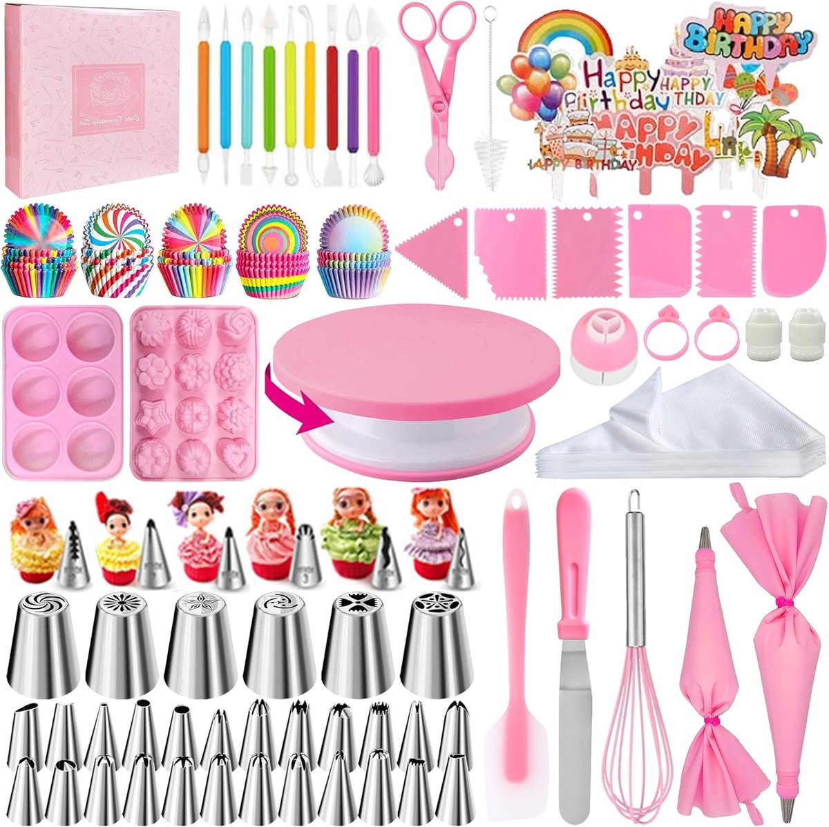 Taartaccessoires, draaibare taartplaat, spuitmondset, bakset, bakaccessoires, bakaccessoires voor taarten, bakaccessoires, taartset (320 stuks)
