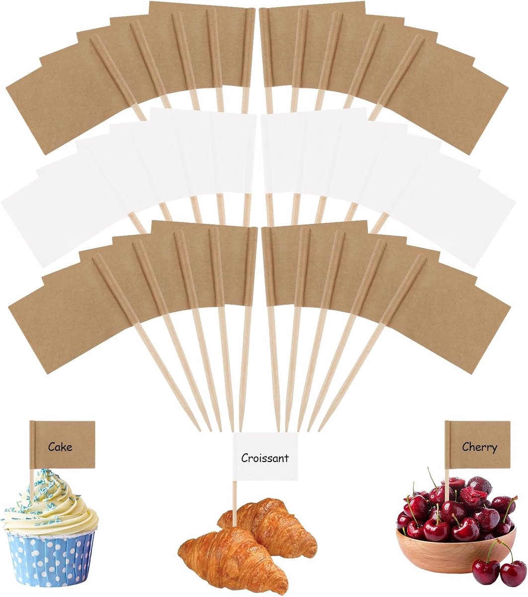 Tandenstokers vlaggetjes, 2 kleuren kraftpapier vlaggetjes om te beschrijven, witte cupcake-vlaggetjes, borden om te beschrijven voor cupcake-toppers, feestjes, cake, levensmiddelen