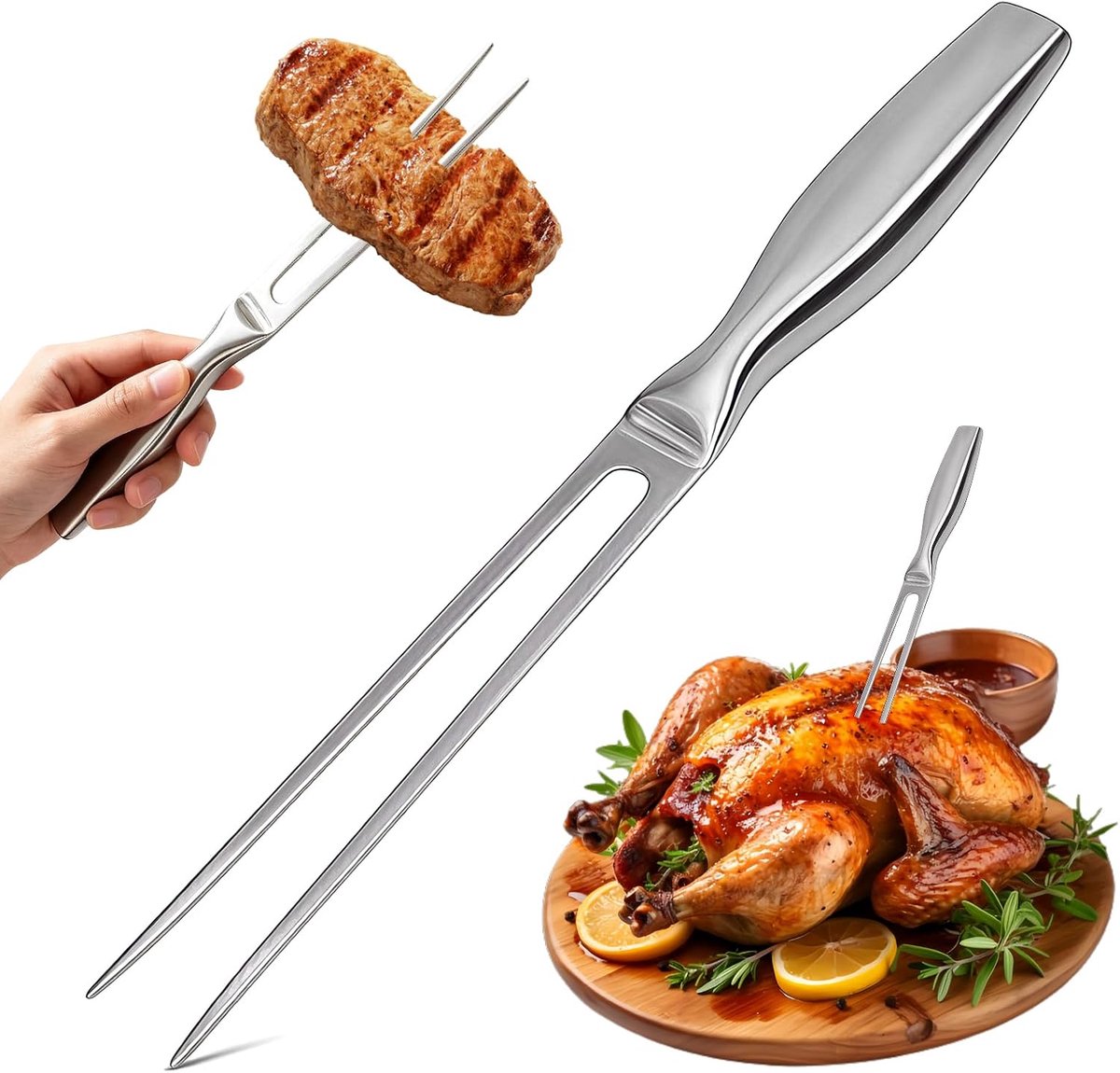 Trancheervork van Roestvrij Staal, Vleesvork met Ergonomische Handgreep, Professionele Vleesvork, Trancheervork met Ergonomisch Handvat, Antislip Lang Handvat, voor Grillen, Kamperen, Keuken