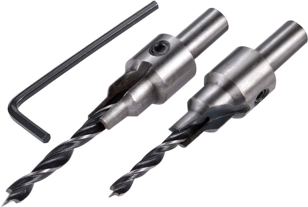 Verzinkboorset voor hout, tri-tip houtbewerking, verzinkboor met L-sleutel, ronde schacht, houtbewerkingsgereedschap, timmerwerk, verzinkboor werken voor kunststof, hout - (4 mm, 5 mm)