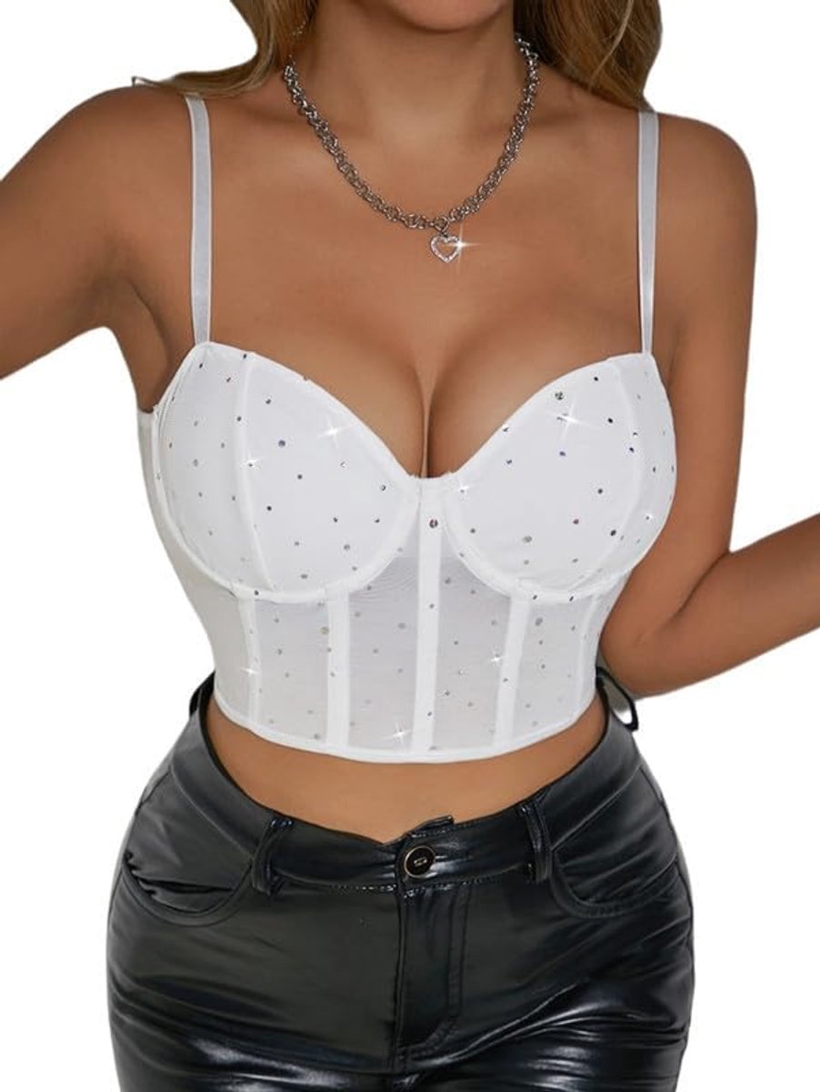 Tanktop voor dames, glinsterende korset, top, zomer, bovenstuk, sexy kant, bustier, spaghettibandjes, korset met push-up-effect, crop tops, party, korset, rave outfit, Y2k tanktop, basic