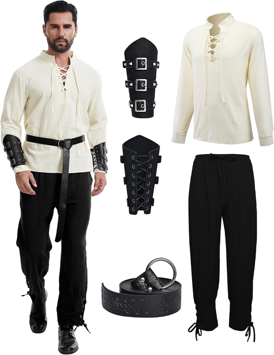 Vikingkostuum voor heren, 5-delige renaissance-kostuumset met broek met accessoires, voor Halloween, carnaval, piraten, cosplay