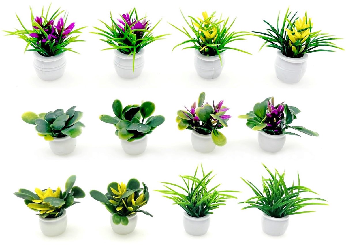 12-delige Miniatuur Bonsai Planten Set - Kunstmatige Mini Potplanten voor Poppenhuis & Sprookjestuin - Kleine Groene Planten Decoratie voor Keuken, Vensterbank, Terrarium & DIY Woondecoratie