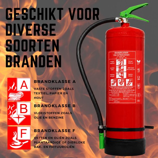 Rode brandblusser met groene hendel, tegen vurige achtergrond. Iconen voor brandklassen A, B, F.