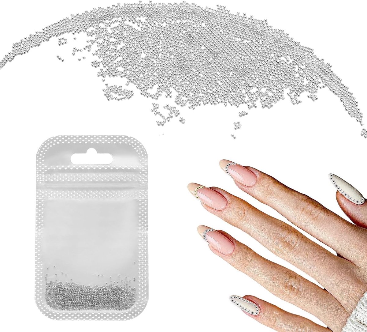 Kralen, 0,8 mm, mini metalen 3D kaviaar nagelkralen, bubbelkralen met zakken voor nageldesign, doe-het-zelf knutseldecoratie, zilverkleurig