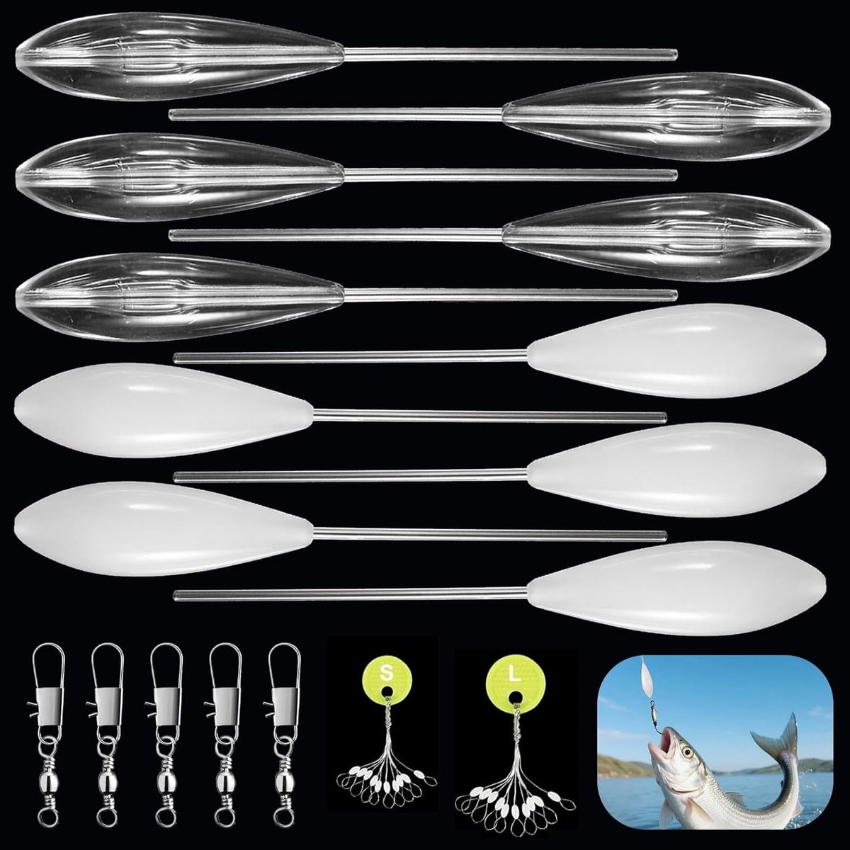 Forelset met 5 drievoudige wervels en 10 twee maten koordstoppers (S L), 6-20 g, drijvend en langzaam zinkend, vissen, spirolino forelset, visaccessoires