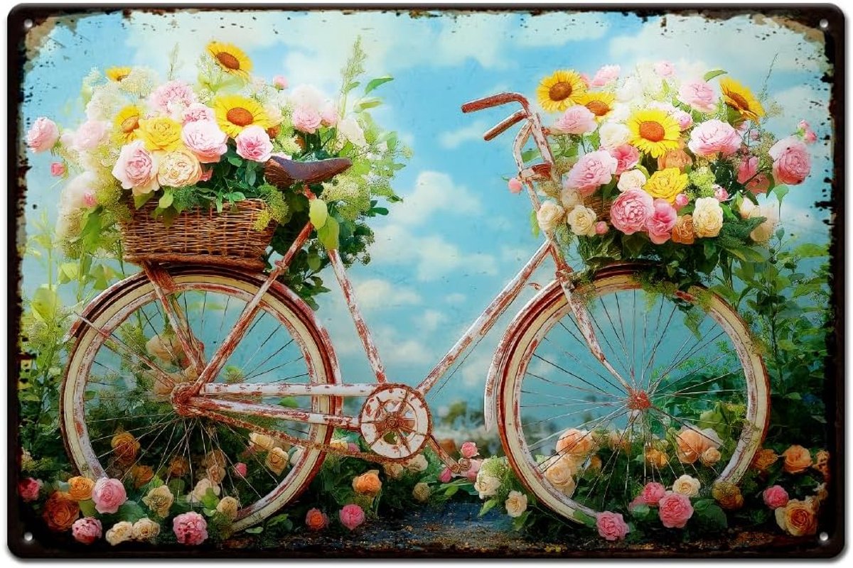 Bloem fiets metalen tinnen bord bloem mand vintage teken kleurrijke retro muur decor grappige metalen poster muurkunst poster voor woonkamer slaapkamer tuin indoor outdoor decor geschenken