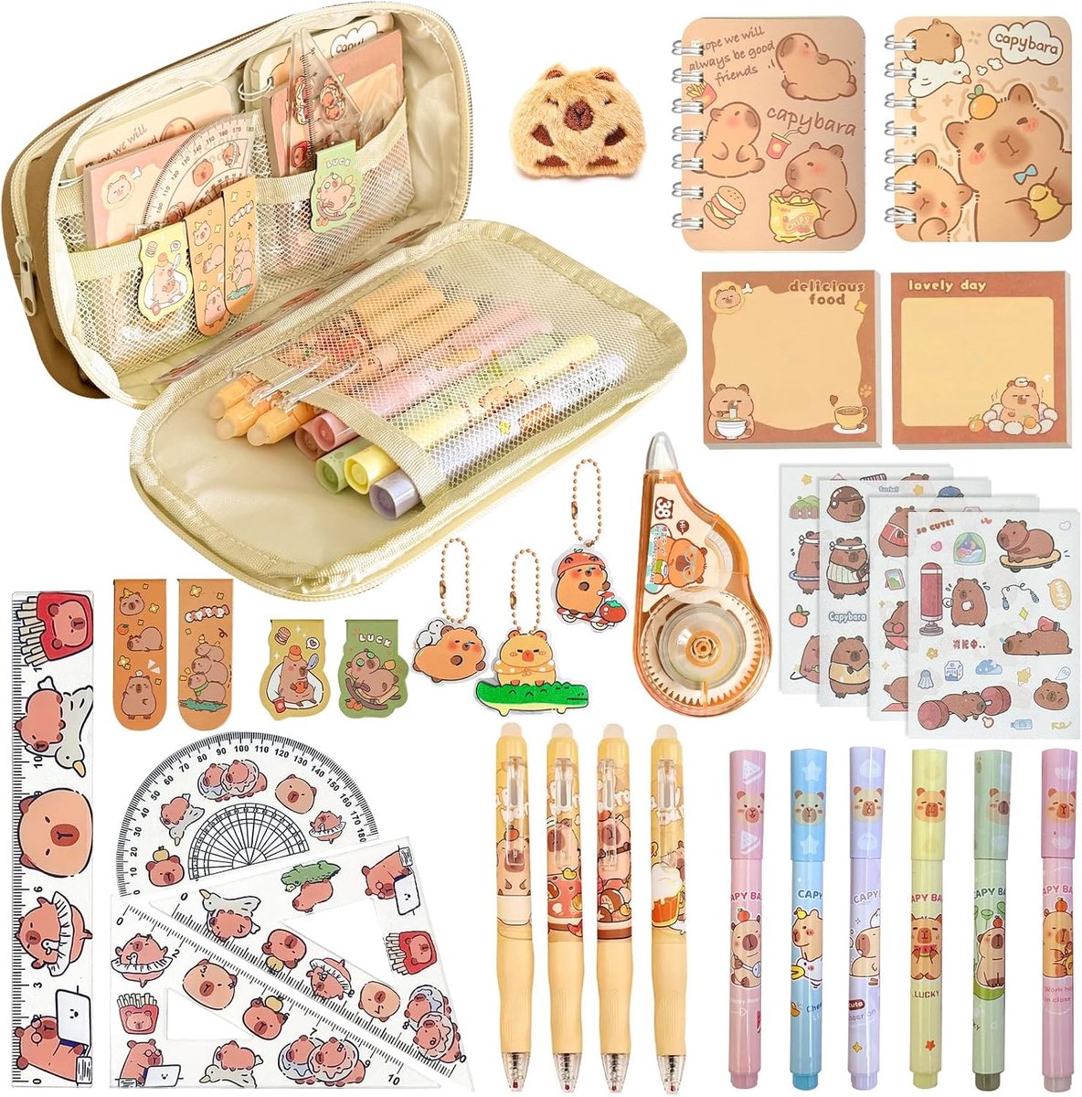 Kawaii Pennenetui, schrijfwaren, kantoor, set, 27-delig, schrijfwaren, Capybara, doos, pen, notitieboek, Capybara, schoolbenodigdheden, cadeau-idee, meisjes, jongens, Capibara