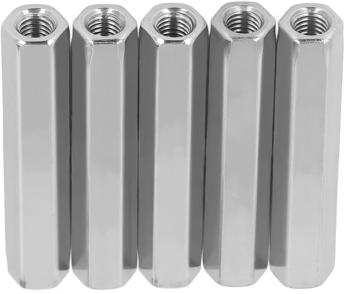 5 stuks koppelingsmoeren M8 x 1,25, lange zeskantstang, vrouwelijke schroefdraad, 13 mm, buitendiameter 75 mm, lengte 304, roestvrij staal, zilverkleurig