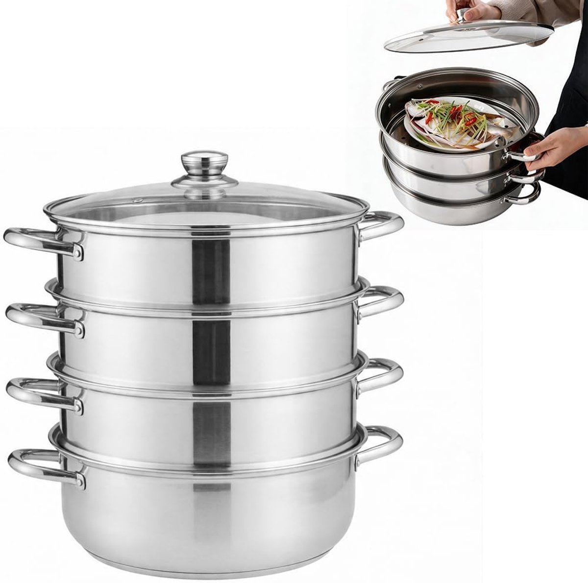 28 cm, roestvrijstalen stoompan, serveerpan, kookgerei met deksel, stoompan voor het koken van groenten, zeevruchten, soepen, stoofschotels en pasta (zilver, 4 verdiepingen)