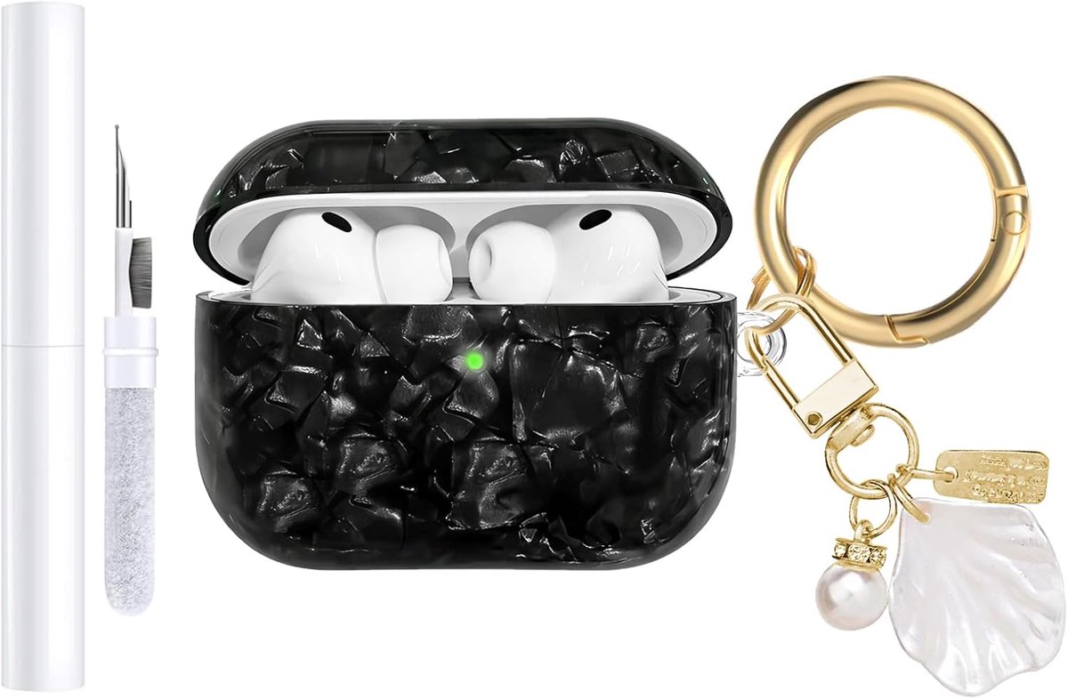 Compatibel met AirPods Pro 3 2025 hoes, zachte TPU hoes met patroon voor AirPods Pro 3e generatie, hoes met parelmoer sleutelhanger en reinigingsset (zwart)