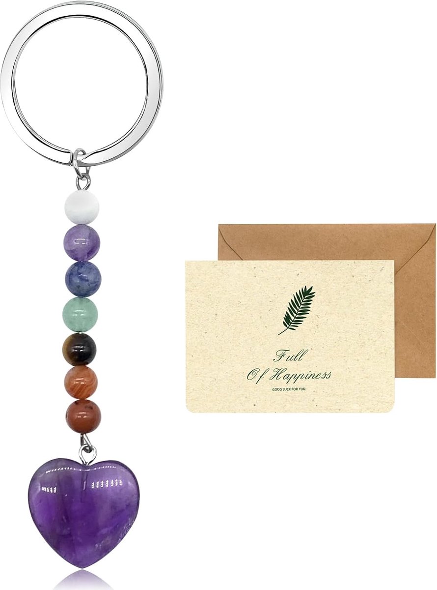 Sleutelhanger, 7 chakra helende kristallen sleutelhanger, natuurlijke edelsteenkralen, sleutelhangers voor vrouwen en mannen, kristallen geschenken, met beste wenskaart, Meerkleurig, Eén