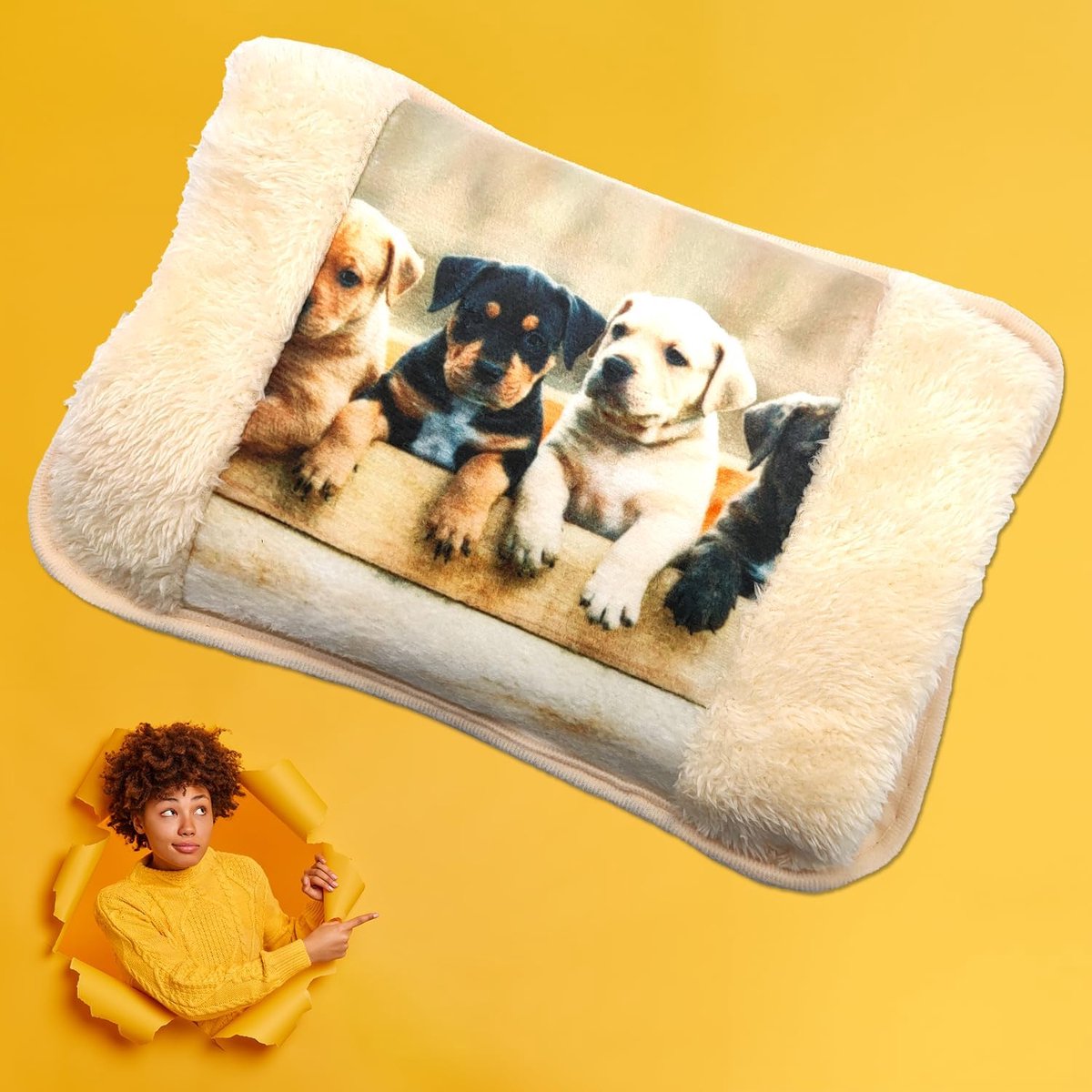 Warmwaterkruik met hondenmotief van pluche met handwarmer, voetwarmer en buikwarmer, oplaadbaar, draagbaar, voor spierpijn, menstruatie en koude dagen