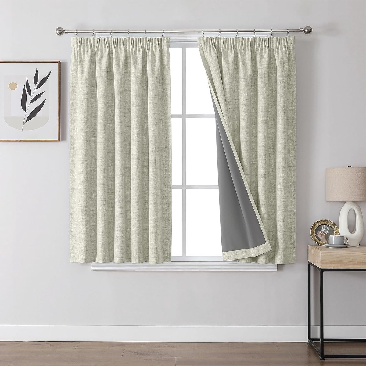 100% verduisteringsgordijnen, linnen, met plooiband, set van 2, 137 x 117 cm (h x b), lichtbeige, thermogordijn, koudebescherming, ondoorzichtig, geluidsisolatie, ideaal voor woonkamer, past