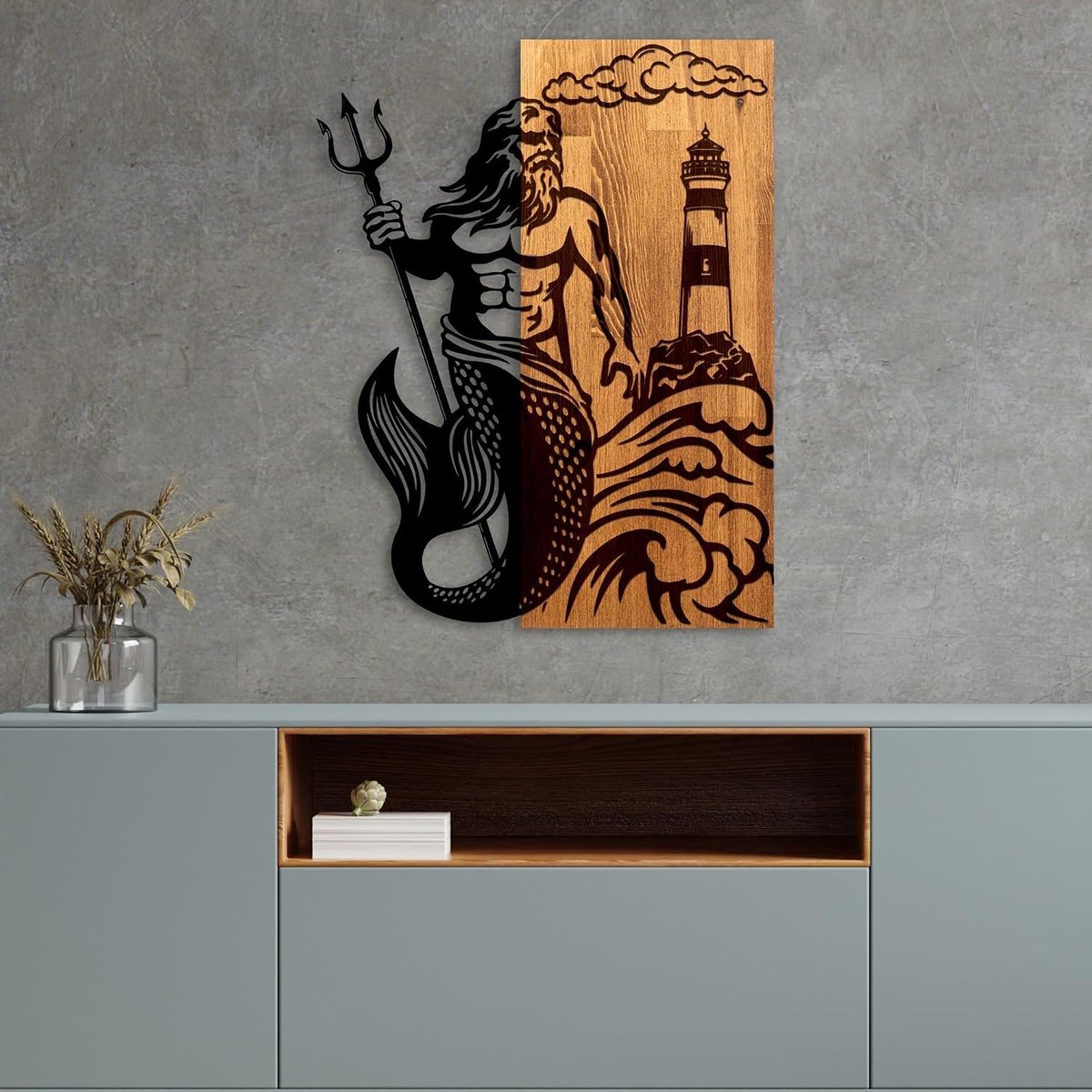 Decoratief houten wandaccessoire, walnoot & zwart, 45 x 58 x 3 cm, 50% hout (3 cm) en 50% metaal (1,5 cm), uniek design met natuurlijke variaties