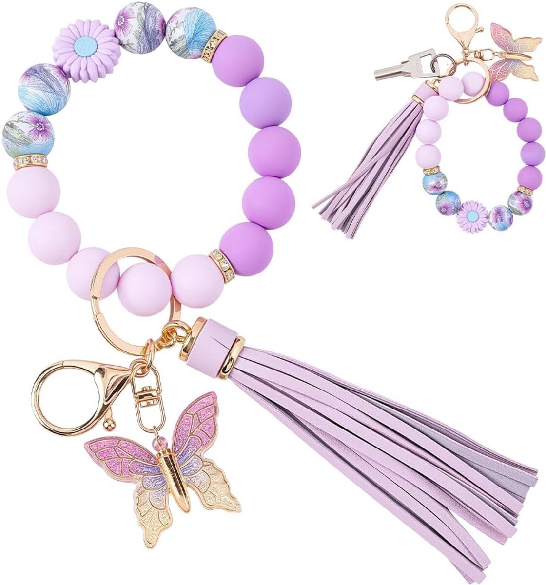 Kralenarmband met sleutelhanger voor dames madeliefjes vlinders bedelarmband autosleutelring houder sleutelhanger armband voor autosleutel handtas portemonnee Ruc