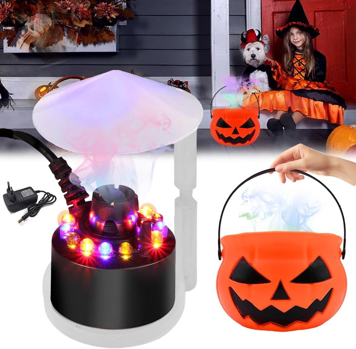 Ultrasone vernevelaar met LED, mini ultrasone vernevelaar met pompoenpot, spatbescherming, ultrasone mistmachine, ultrasone mistapparaat, mistmaker voor Halloween-decoratie