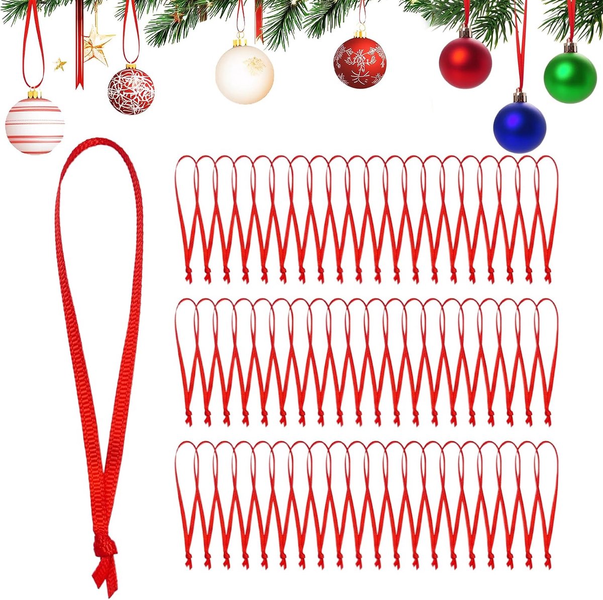 Hangers voor kerstballen, ballenhangers, kerstversiering, rode dunne band, haken, kerstballen, handgemaakte decoratieve haken (200 stuks)