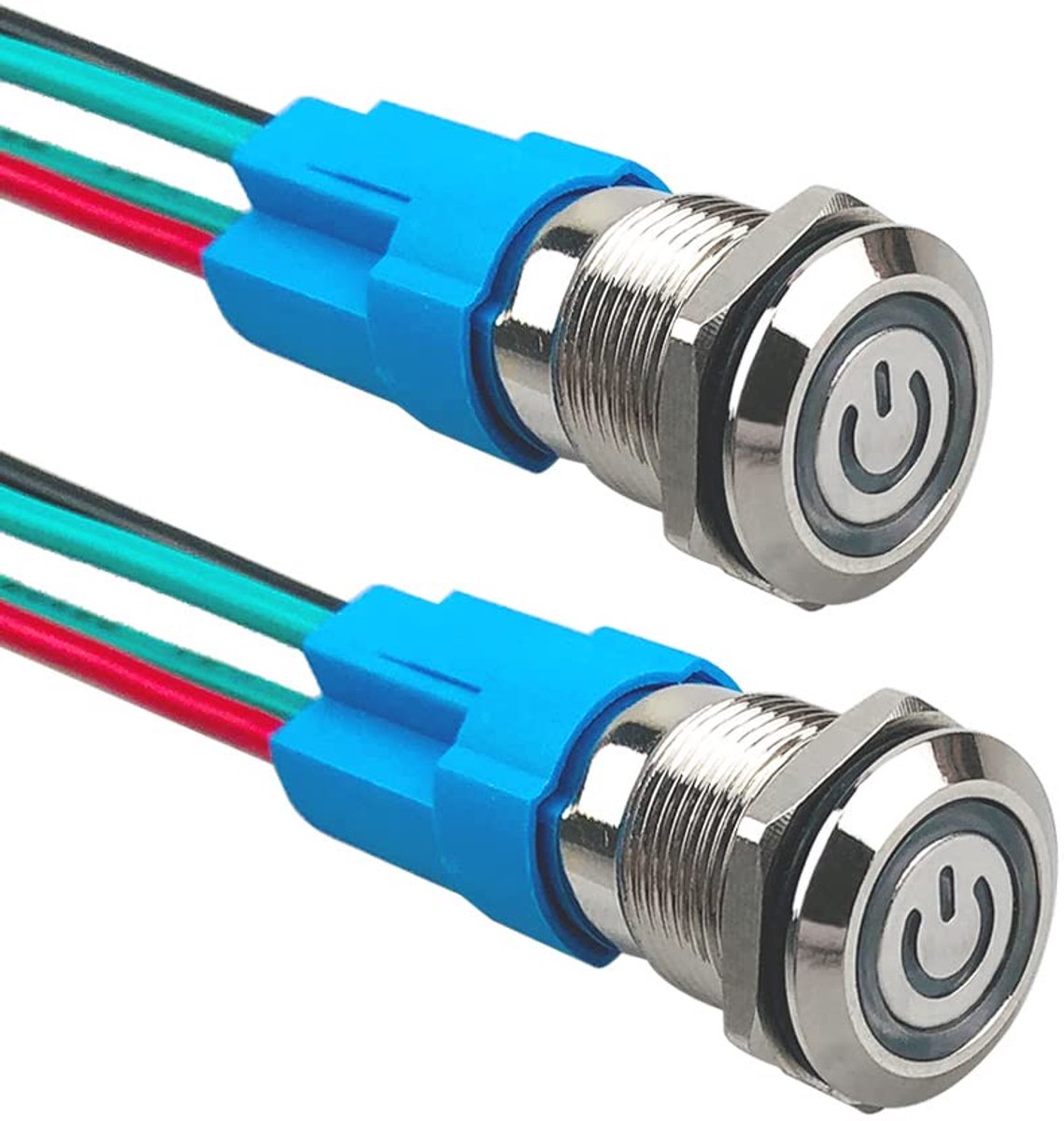 2 stuks 12 mm drukknopschakelaar, zelfblokkerend, 12 V/24 V, 3 A, drukknopschakelaar van roestvrij staal, waterdicht IP66, met voorbedrade stekker (witte led)