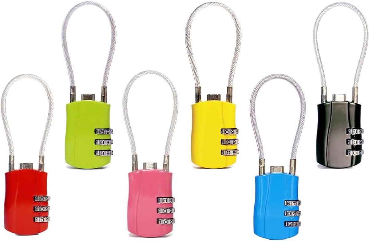 6 stuks hangsloten voor koffer, cijfersloten, kabelslot, combinatieslot met 3 cijfers, bagagesloten, reisslot, voor tassen, koffers, kasten