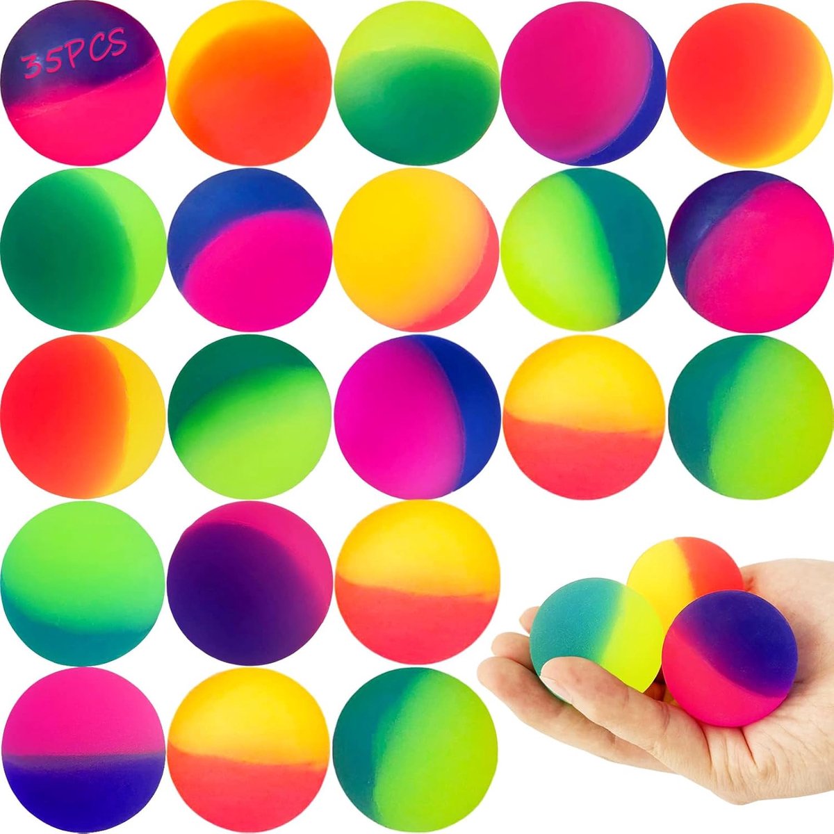 35 stuks Flummies voor kinderen, cadeautje, kinderverjaardag, gastgeschenken, springbal, rubberen bal, springbal, werpmateriaal, carnaval, cadeautje, feestvulling (25 mm)