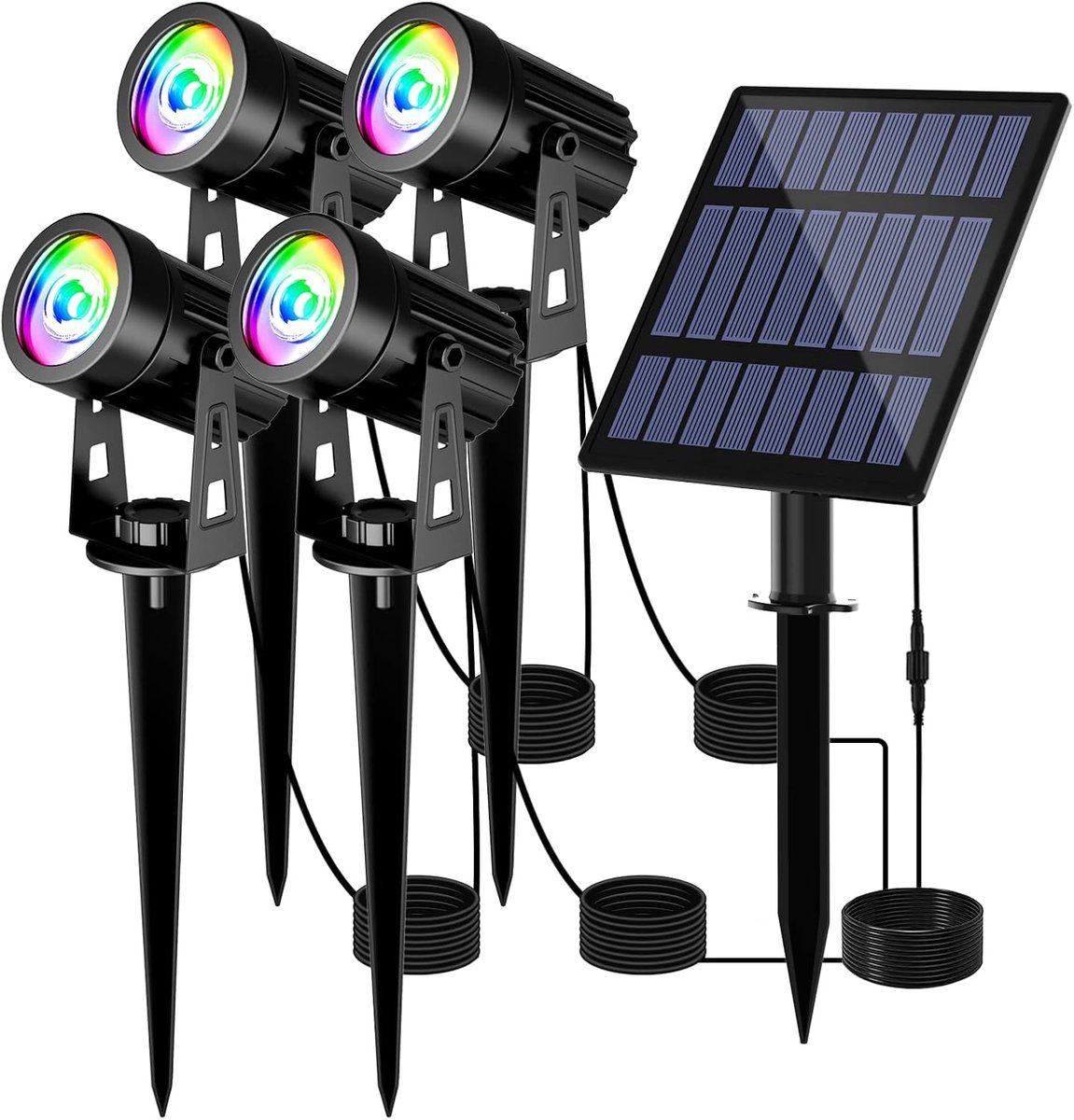 Tuinspots op zonne-energie, 4 stuks zonnelampen voor tuin, IP65 waterdicht, led-zonnelamp met 2 helderheidsniveaus, 3 meter kabel voor bomen, struiken, tuinpad (RGB)