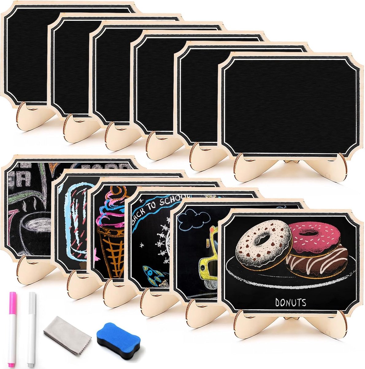 12 stuks mini-krijtbordjes, kleine krijtbordenset met 2 pennen en 1 reinigingsdoekje, mini-krijtbordset, houten krijtbord voor prijskaarten, tafelkaarten, verjaardag, buffetborden