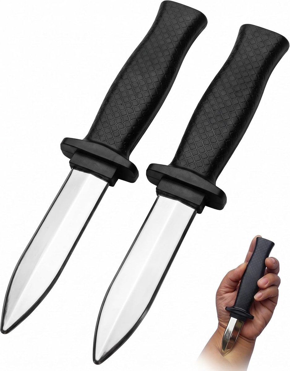 2 stuks, zwart, intrekbaar trickmes, volledig onscherp en licht, ideale grapartikelen, tovertruk-rekwisieten en Halloween-messenaccessoires