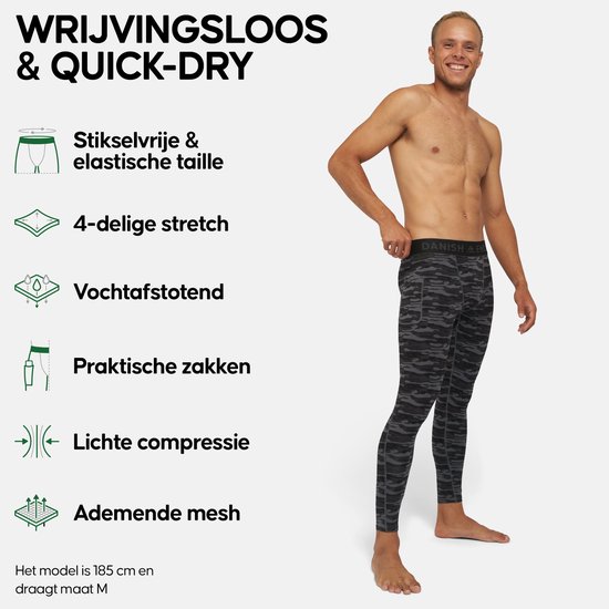 Man met grijze camouflage leggings, model draagt maat M, hoogte 185cm. Kenmerken: naadloze, elastische taille, 4-way stretch, vochtafvoerend, zakken, lichte compressie, ademend.