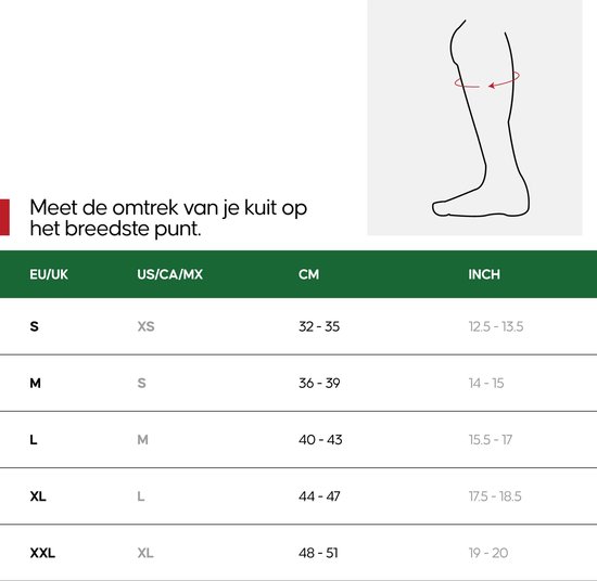 Maattabel voor compressiekousen, met maten in EU/UK, US/CA/MX, CM en IN.
