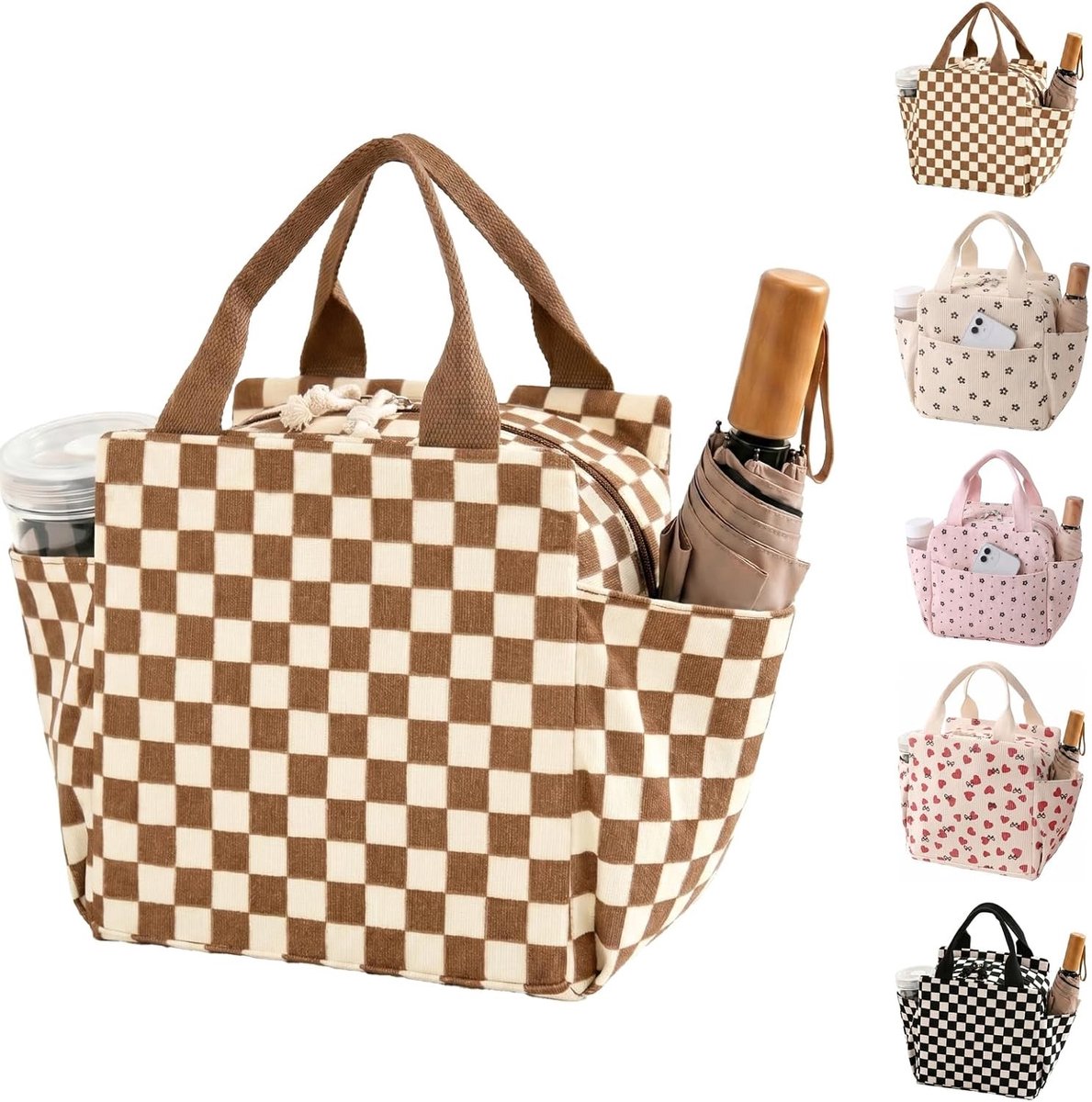 Grote herbruikbare koeltas van corduroy, geïsoleerd en opvouwbaar, perfect voor werk, picknick en reizen, met zijvakken en draagbaar ontwerp in beige bruin geruit