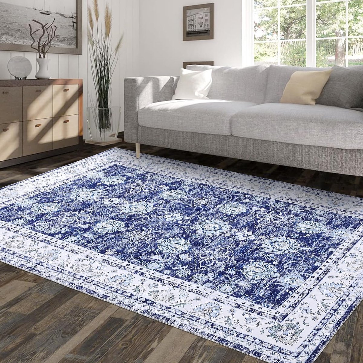 Vintage Vloerkleed - Wasbaar Antislip Medaillon Motief - Marineblauw - 160x230 cm