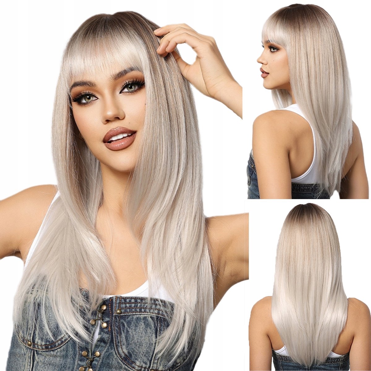 Damespruik met pony - Lang synthetisch haar - Bruin/Blond verloop