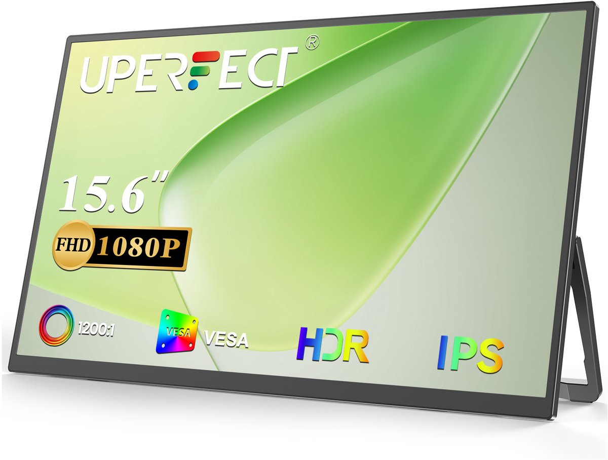 UPERFECT 15.6 inchDraagbare monitor-1920x1080 FHD IPS-extern scherm -met geïntegreerde standaard-USB-C- & Mini-HDMI-poort-tweede scherm voor laptop/telefoon/spelconsole-VESA-montage mogelijk