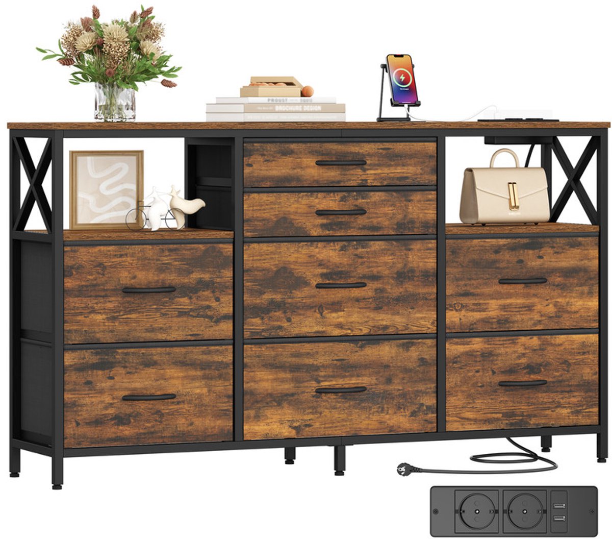 Hzuaneri Ladekast, Opbergkast Van Stof Met 8 Lades, Inclusief USB-Aansluiting En Open Vak, Multifunctionele Opbergoplossing Voor Woon- En Slaapkamer, 30 x 140 x 86 cm, Vintage