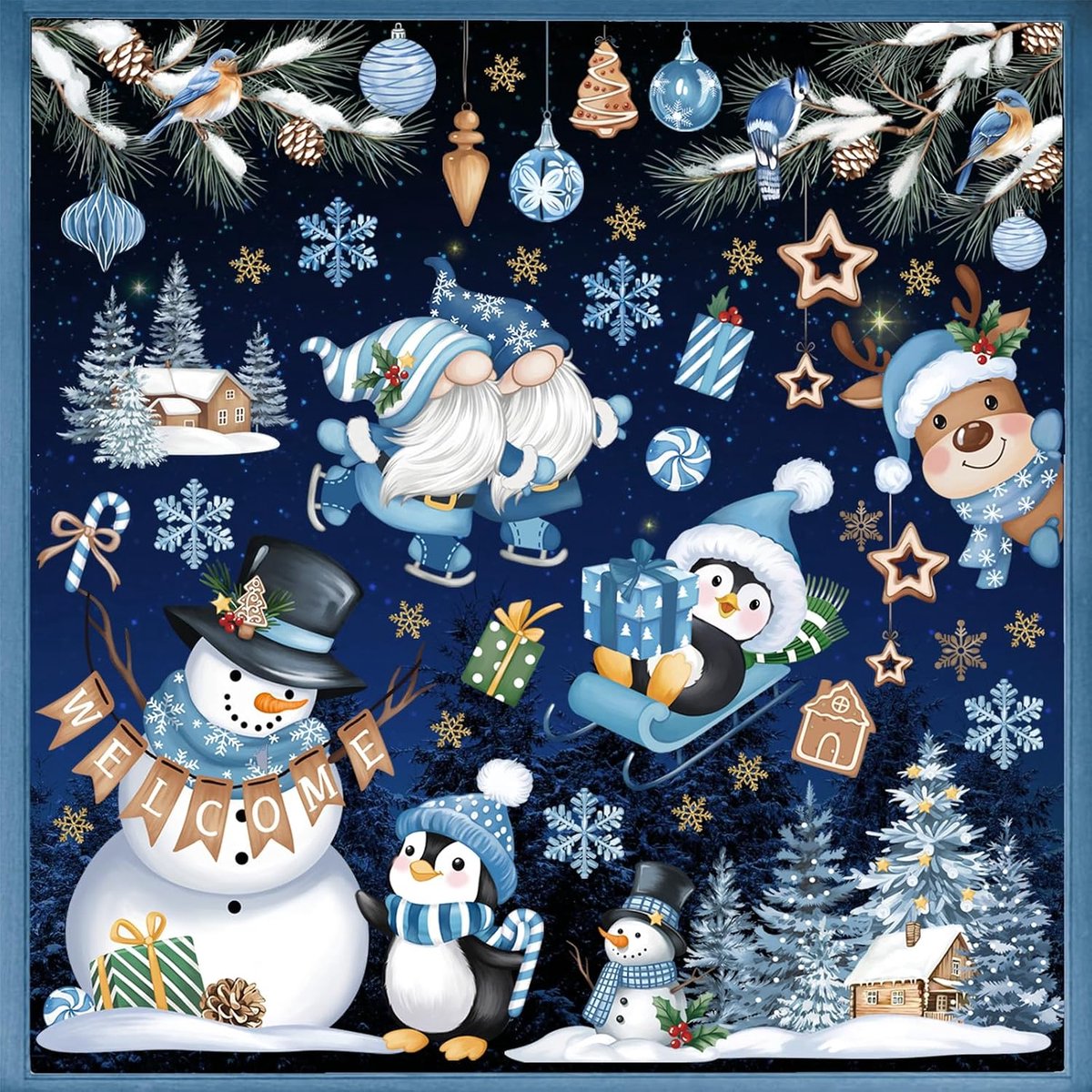 Wondever Blauwe winter kerst venster klampt pinguïn kabouter sneeuwpop dennenboom glas sticker sticker anti-botsing dubbelzijdige statische raamstickers voor kerstfeest