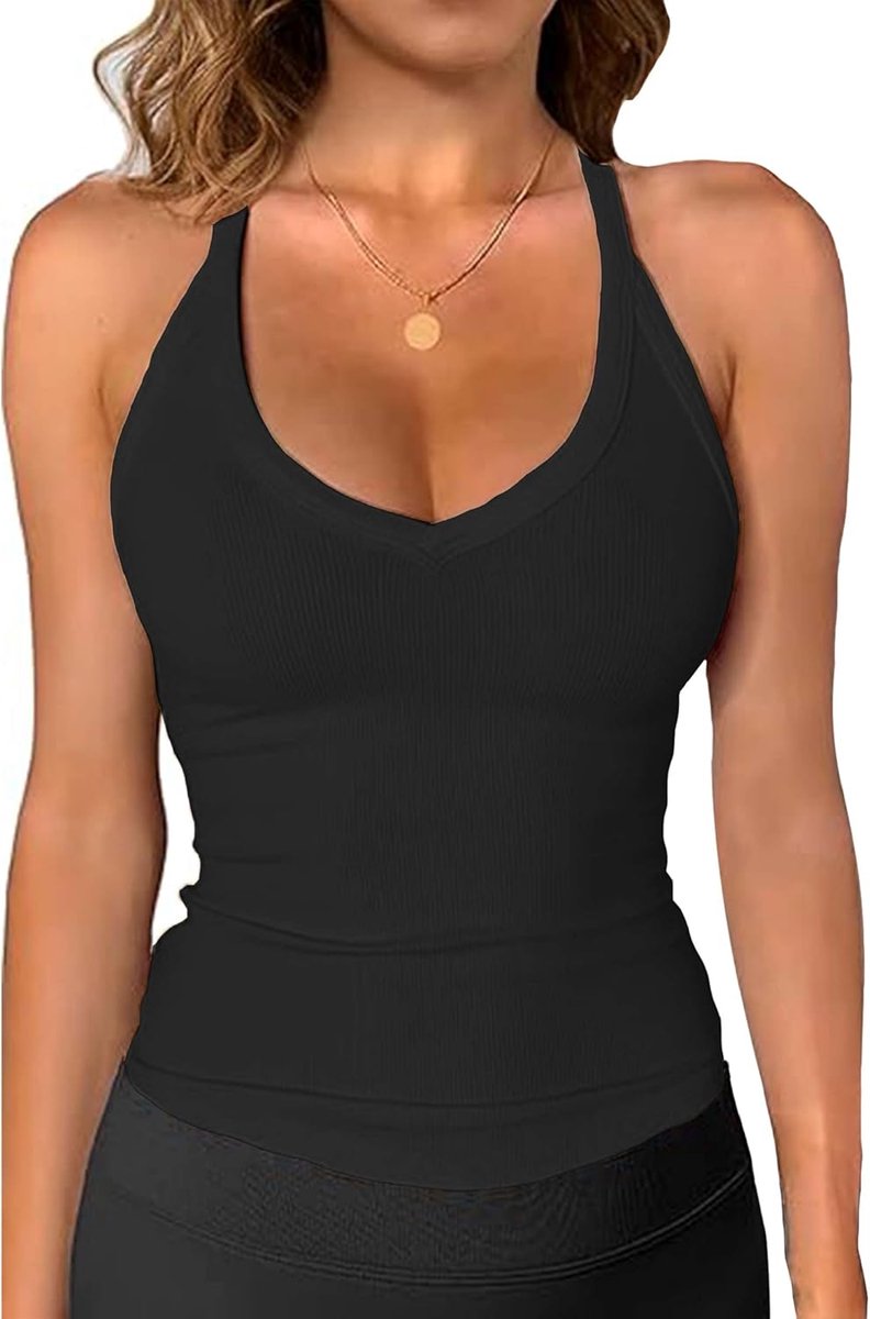 Onderhemd voor dames, tanktop met geïntegreerde beha, V-hals, spaghettibandjes, top, crop slim fit, basic top, zomer, topje, camisole beha, hemd voor dames, met cups, gym, bovenstuk, sport