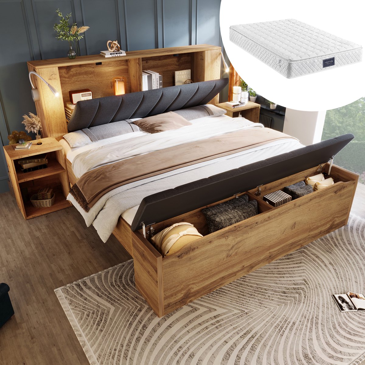 Bedframe - 160x200 Cm - Bed - Met Lattenbodem - Met Opbergruimte - USB C - Eiken - Met Matras