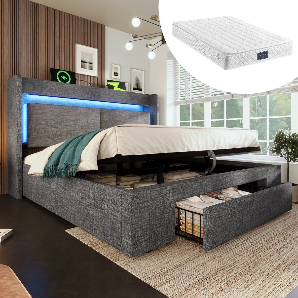 Bedframe - 160x200 Cm - Bed - Met Lattenbodem - Met Opbergruimte - LED - USB C - Grijs - Met Matras