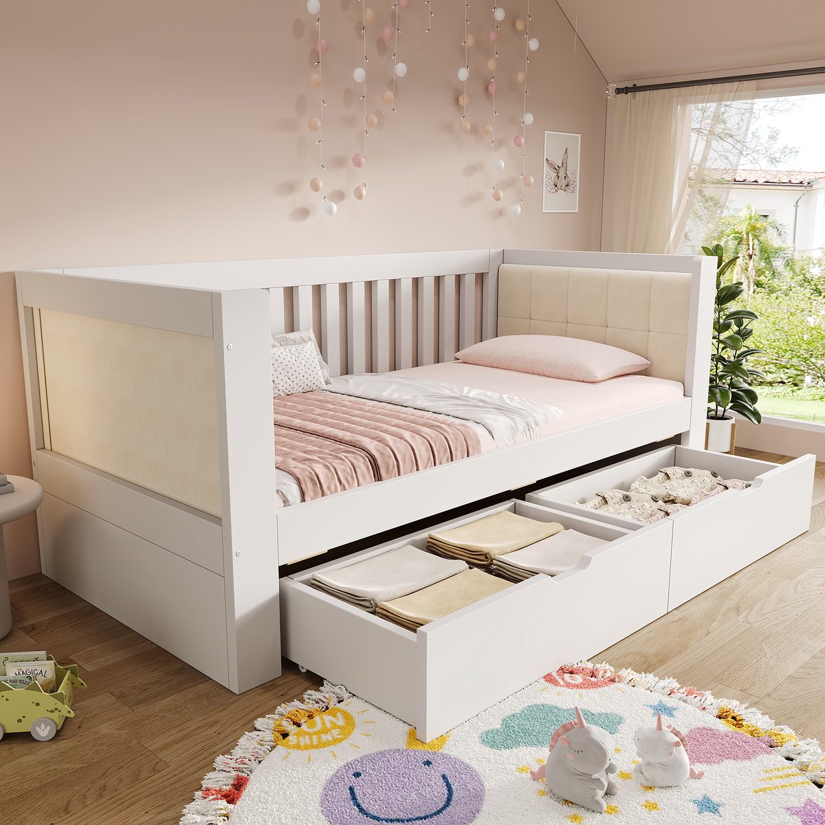 Bedbank - 90x200 Cm - Bed - Met Lattenbodem - Met Opbergruimte - Wit - Zonder Matras